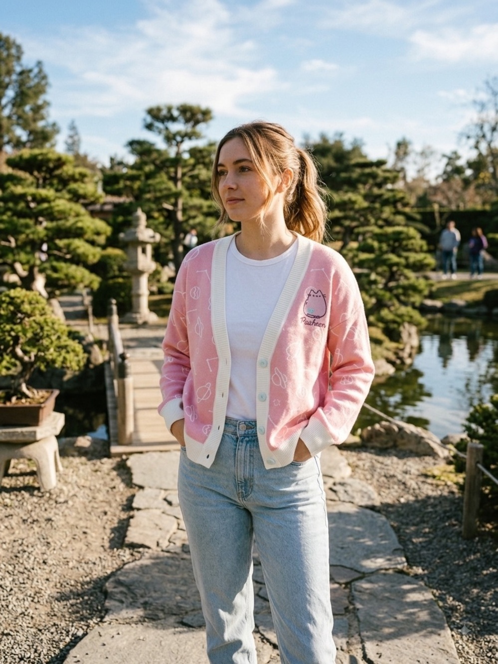 Unique Vintage Pink and Cream Pusheen Space-Print Knit Cardigan Pajama Top